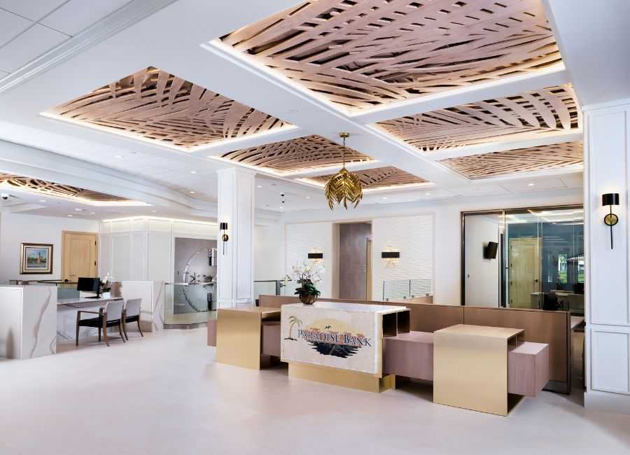 Modern ceiling decorative panels installed in luxury contemporary hall and commercial interior design